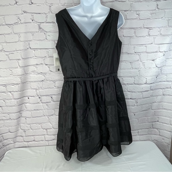 Taylor Nordstrom Black Striped Fit Flare Lined Belted Dress Size 12R Skater NWT - Picture 2 of 10